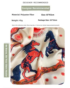 Detail of silk-like square scarf featuring horse prints and premium satin texture