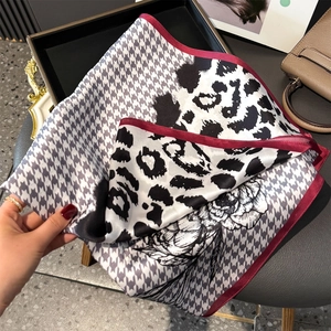 Elegant 100% mulberry silk square scarf with floral, houndstooth, and leopard prints