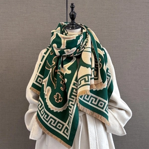 Winter warm green and beige jacquard pashmina shawl with tassel details and geometric patterns