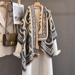 Thick autumn winter warm scarf with tricolor geometric patterns and tassels
