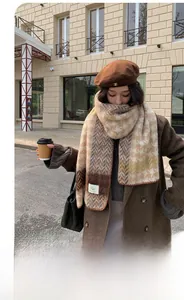 Detail of houndstooth knit scarf and brown wool beret worn in a winter street style