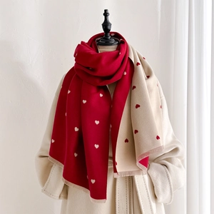 Double Sided Heart Pattern Imitation Cashmere Scarf For Women Thick Warm Winter Large Shawl Wrap With Tassels Soft Jacquard Neckerchief