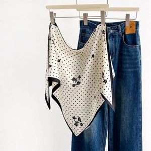 Elegant polka dot and floral print triangle scarf in lightweight faux silk for women