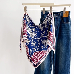 Silk-textured triangular scarf with navy blue and burgundy European motifs on white