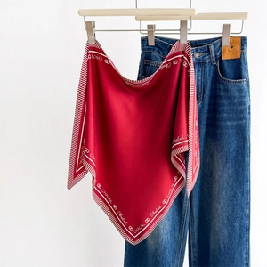 Vintage Triangular Scarf For Women Polyester Satin Like Letter Print Stripe Border Retro Hair Bandana Elegant Neck Shawl