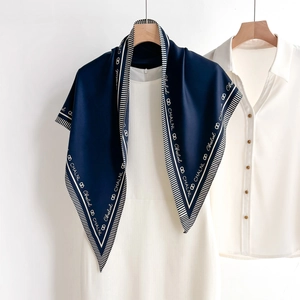 Navy blue silk triangle scarf with white stripes and elegant letter print for women