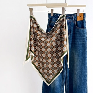 Retro geometric floral scarf in green and brown with silky finish for women