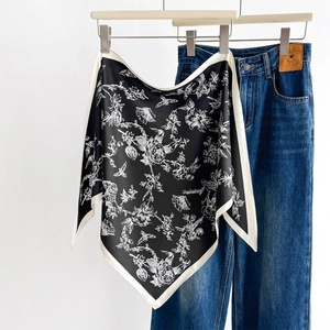 Elegant floral print square silk scarf for women featuring a vintage black and white bird pattern