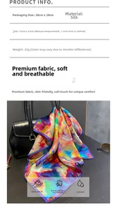 Detailed specs of 53cm silk scarf showing colorful oil painting pattern and 22g weight