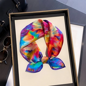 Mulberry Satin Square Scarf Women Abstract Oil Painting Print Fashion Neck Neckerchief Elegant Retro Accessory