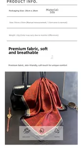 Dettaglio foulard in seta rossa motivo paisley con specifiche di dimensioni 53x53cm