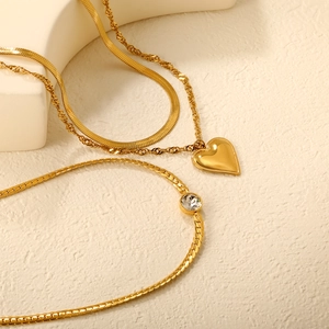 Stainless Steel Double Layer Necklace With Heart Pendant And Zircon 18K Gold Plated Snake Chain Fashion Jewelry For Women