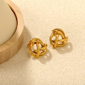 Elegant gold-tone metal woven knot stud earrings with a glossy polished finish