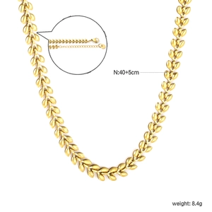 Gold leaf-shaped stainless steel necklace with adjustable lobster clasp and extension chain
