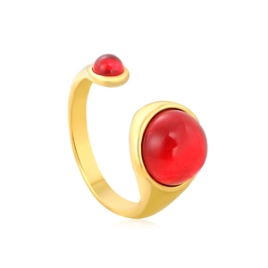 Irregular open ring with 18K gold plating and two deep red oval cabochon stones