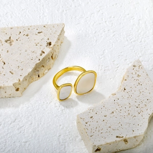 French luxury 18K gold stainless steel open ring with white shell geometric design