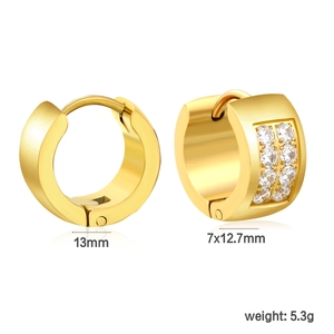 Detail view of 18K gold plated huggie earrings with double row pave zircon inlay 13mm