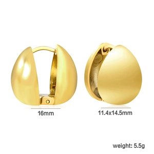 Polished gold teardrop huggie earrings, 16mm thick stainless steel luxury hoop for women