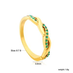 Detail view of emerald green stone ring with bamboo twisted band and size specifications
