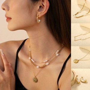 Freshwater Pearl Necklace And Earrings For Women Stainless Steel Gold Plated Coin Pendant Light Luxury Elegant Jewelry