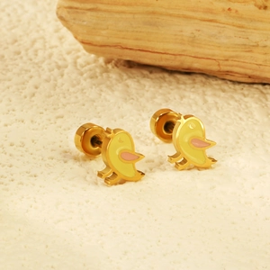 Cute Bird Stud Earrings Stainless Steel Gold Plated Yellow Enamel Cartoon Animal Screw Back Tiny Jewelry For Women Girls