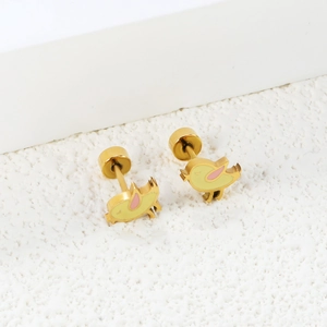 Charming gold-plated stainless steel bird earrings with yellow enamel and screw backs