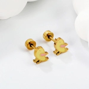 Minimalist golden stainless steel duck earrings with yellow and pink enamel finish