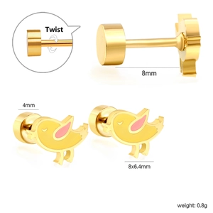 Golden bird-shaped stud earrings with pink wings and secure screw back design