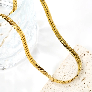 Flat twisted snake chain necklace in 18K gold plated stainless steel with high shine finish