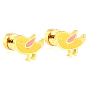 Cute bird-shaped stud earrings in yellow enamel and gold stainless steel on white surface
