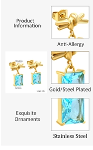 Detailed specs of gold plated stainless steel knot earrings with blue gemstone