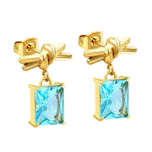 Elegant 18K gold-plated bow knot earrings with light blue rectangular zircon stones