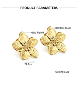 Detail showing 18K gold plated stainless steel petal earrings with size and weight specs