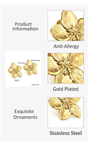 Detailed view of 18K gold plated stainless steel floral earrings with anti-allergy features