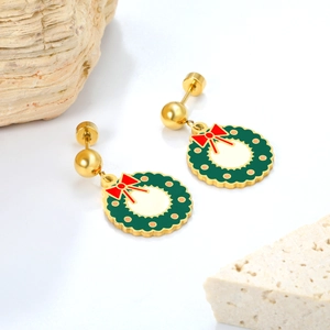 Christmas wreath stud earrings with red bow and green enamel in stainless steel