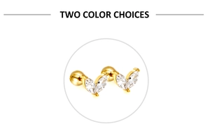 Macro view of gold-plated leaf earrings with marquise-cut zircons and screw ball backs