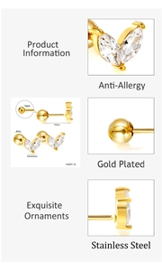 Detail of gold plated stainless steel stud with marquise cut gem and twist ball back