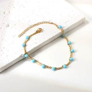Double-layer 18K gold plated stainless steel anklet with light blue faceted beads