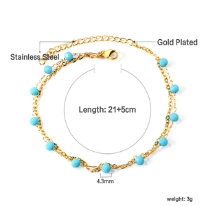Double-layered 18K gold plated stainless steel anklet with sky blue beads for women