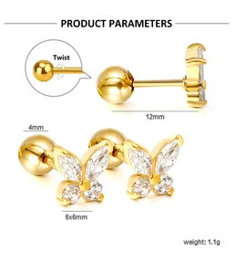 Dimensions détaillées pour les boucles d'oreilles papillon en or 18K avec des zircons