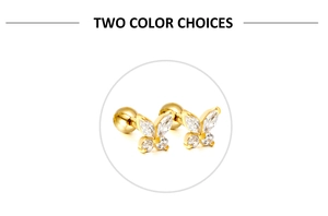 Détail d'un piercing papillon doré avec zircon blanc et fermoir à boule vissée