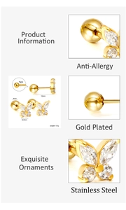 Détails des boucles d'oreilles papillon dorées avec zircon blanc et fermoir à vis