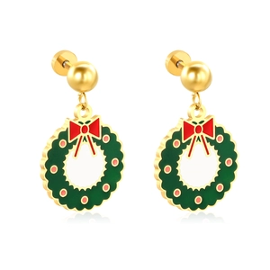 Christmas wreath stud earrings with green enamel and red bows in stainless steel