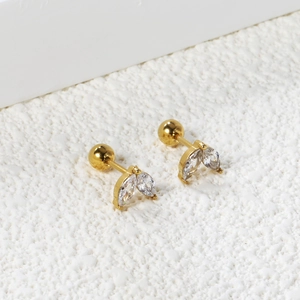 Gold 18K stainless steel stud earrings with marquise-cut white zircon leaf design