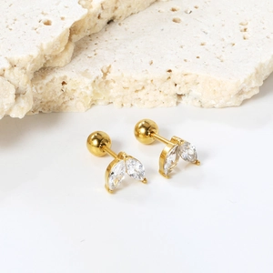 18K gold plated stainless steel marquise leaf stud earrings with white zircon stones