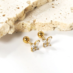 Boucles d'oreilles papillon dorées avec zircons blancs et fermoir à vis sécurisé