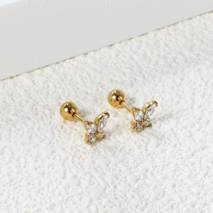Boucles d'oreilles papillon en acier inoxydable plaqué or 18K et zircons blancs