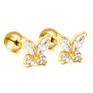 Boucles d'oreilles papillon en or 18K avec cristaux blancs et fermoir à vis sécurisé
