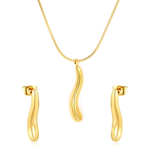 Golden minimalist water drop pendant necklace and stud earrings set with snake chain