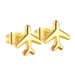 Boucles d'oreilles avion en acier inoxydable plaqué or 18K avec vue de face symétrique